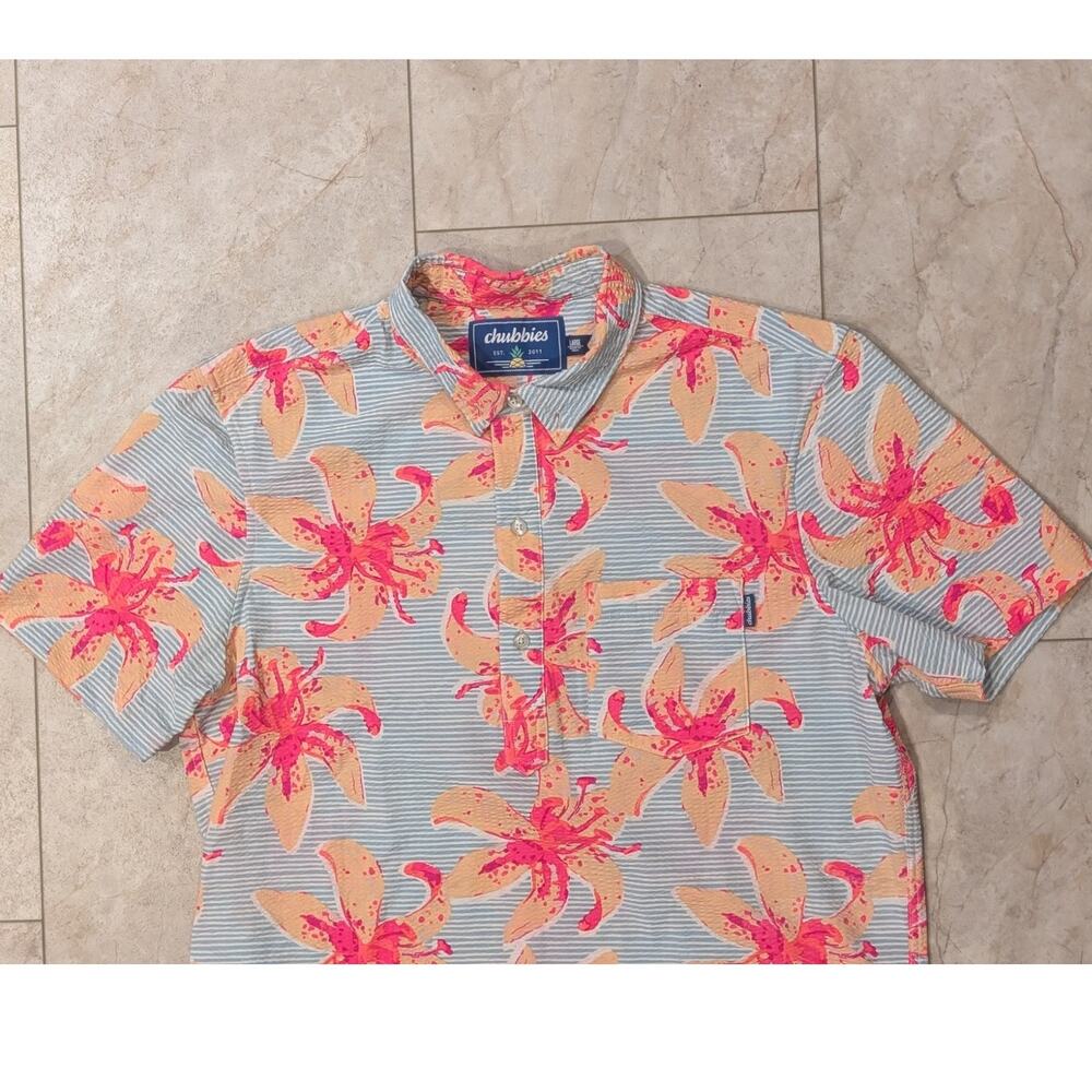 Chubbies Neon Floral Hawaiian Polo Shirt in Pink, Peach & Light Blue Mens Large - Picture 3 of 5